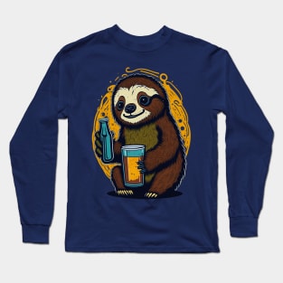 Cute Cartoonish Sloth With Beer Mug Long Sleeve T-Shirt